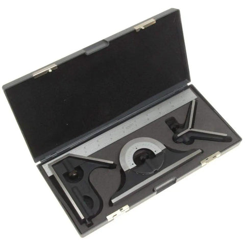 Premium Twelve Inch Four R Combination Square Set With Hardened Blade Satin Chrome Finish Etched Graduation In Eighths Sixteenths Thirty Seconds Sixty Fourths Center Finding Head Protractor Head And Square Miter Head Cast Iron Construction