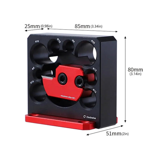 Top Shelf Adjustable Dowel Maker Jig Kit Featuring Slick Anodized Aluminum Build and Razor Sharp Carbide Blades visible at different angles.