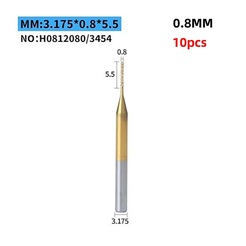 0.8mm drill bit from 10 Piece PCB Drill Bit Set Pro Grade Mini Drills Kit Tungsten Steel Bits For PCB Boards CNC Router Use