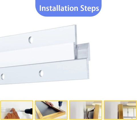 Built Tough Twelve Inch French Cleat Wall Mounting Kit installation steps, showing white aluminum tracks aligned, perfect for hanging decor.