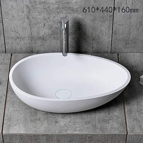 Real Deal White Oval Vessel Sink Built Tough From Dense Artificial Stone For Quick Countertop Installation With A Slick Finish That Stays Bright Through Years Of Heavy Bathroom Traffic, 610x440x160mm.