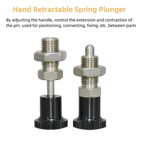 Tough As Nails Stainless Steel Push Fit Ball Nose Spring Plunger Retractable Indexing Pin With Quick Grip Knobs For Rock Solid Positioning On Shop Equipment M8 Non Locking 2 Pack two hand retractable spring plungers with hex nuts and black bases