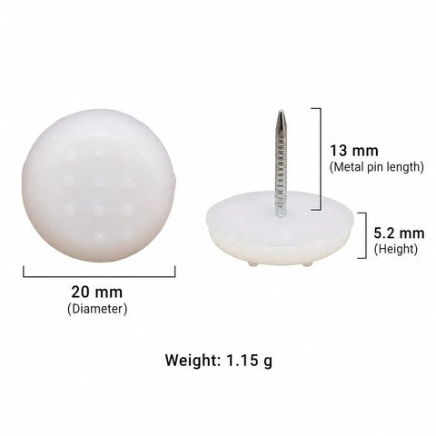 Nail-In Glides For Chairs And Tables 20 Pack With PP Plastic And Metal Pin, 20mm size, white finish, shown with dimensions.