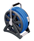 Hose Storage Reel For Pool Hoses And Vac Tubes Up To 45 Feet Easy Setup And Quick Access For Neat Backyards And Regular Pool Cleaning And Maintenance Today, gray and blue reel with handle, coiled blue hose visible