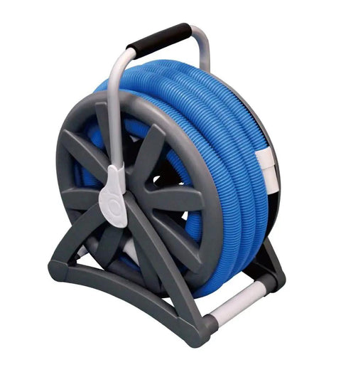 Hose Storage Reel For Pool Hoses And Vac Tubes Up To 45 Feet Easy Setup And Quick Access For Neat Backyards And Regular Pool Cleaning And Maintenance Today, gray and blue reel with handle, coiled blue hose visible