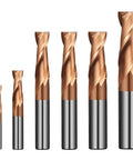 Six-piece TiSiN-coated carbide end mills set with copper-colored 2-flute upcut bits and steel shanks; sizes 1/8–1/2 in.