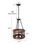 Round Wood And Metal Chandelier With Three Lights Dope Modern Farmhouse Pendant Lighting For Kitchen Island Or Hallway Vintage Rustic Ceiling Lamp With Rubber Insulated Cord Up To 83 Inches 14 Inch Diameter 9 Inch High, shown with measurements.