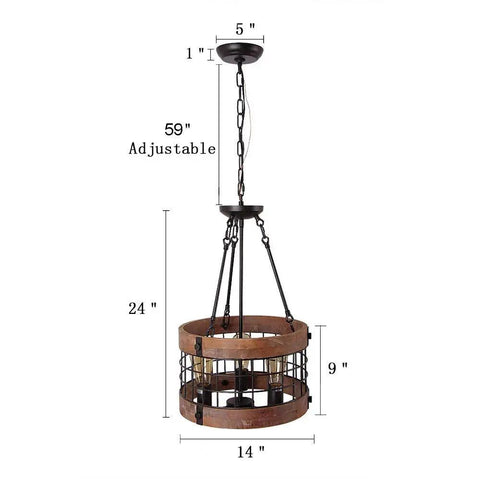 Round Wood And Metal Chandelier With Three Lights Dope Modern Farmhouse Pendant Lighting For Kitchen Island Or Hallway Vintage Rustic Ceiling Lamp With Rubber Insulated Cord Up To 83 Inches 14 Inch Diameter 9 Inch High, shown with measurements.