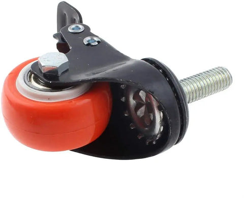 Slick Rolling 1.5 Inch Swivel Caster Wheels with orange polyurethane wheel and M10 threaded stem for furniture or workshop.