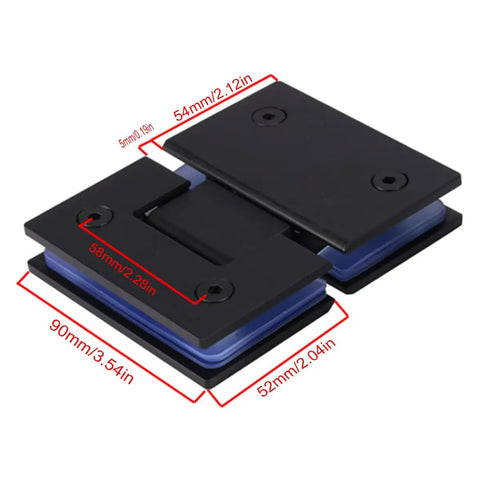 180 Degree Frameless Shower Door Hinge Set In Black Finish, showing top view with dimensions for 8-12 mm glass.