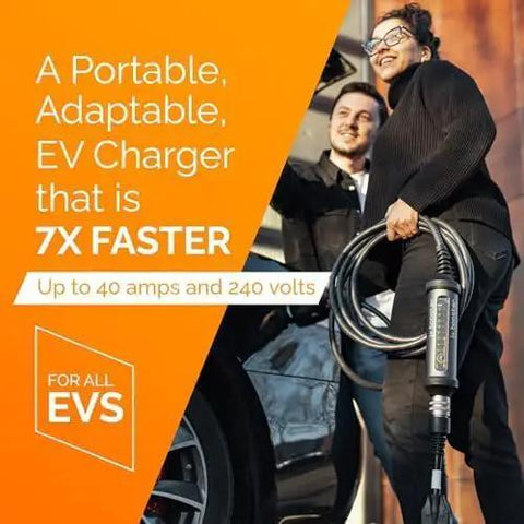 Hecka Quick Forty Amp Level 2 Portable EV Charger featuring a durable 25 ft cord used by a person connecting it to a vehicle.