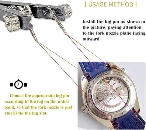 All-In-One Watch Spring Bar Removal Tool Set With Pliers And V Type Pins in use with watch, showing lug pin installation method.