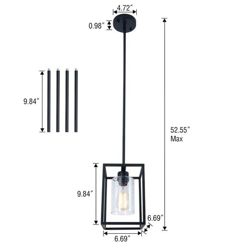 Dimensions of Black Pendant Light For Kitchen Island And Dining Room With Seeded Glass In A Sturdy Metal Cage Fixture