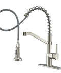 Brushed Nickel Kitchen Faucet With Pull Down Sprayer, Single Handle, Single Hole Mount For Farmhouse Sinks with coiled design.