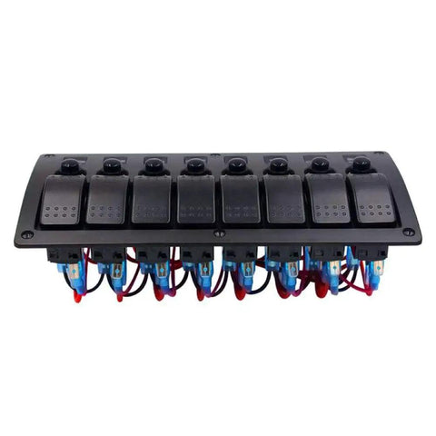 Universal 8 Gang LED Rocker Switch Panel For Boats And Trailers 12V/24V Waterproof On Off with Breakers, front view