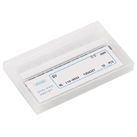 Plastic case of Pro Grade Tungsten Carbide Drill Bits 10 Piece Kit for Detailed Work and PCB Prototyping, labeled 0.5mm
