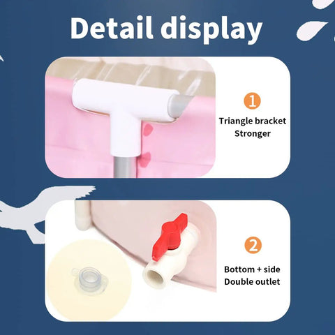 Detail view of Portable Foldable Bath Tub For Tiny Bathrooms With Thermal Foam Insulation Eco Friendly Soaking Tub For Shower Stalls XL Blue Whale Size parts including triangle bracket and double outlet.
