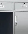 Kickass Heavy Duty Stainless Steel Workbench Setup For Office Or Commercial Kitchen Prep Station, featuring drawers and cabinet.
