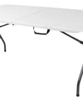 Six Foot Fold In Half Blow Molded Folding Table For Indoor And Outdoor Use With Comfort Handle Lightweight Plastic Top, displayed open.