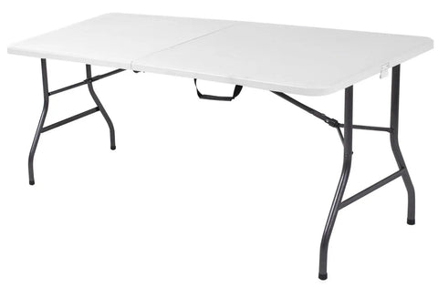 Six Foot Fold In Half Blow Molded Folding Table For Indoor And Outdoor Use With Comfort Handle Lightweight Plastic Top, displayed open.