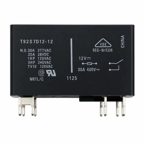 Rugged 12V Dc Power Relay Compatible With T92S7D And 1393212-8 Specs, features 30A DPST-No index, 8-pin sealed casing.