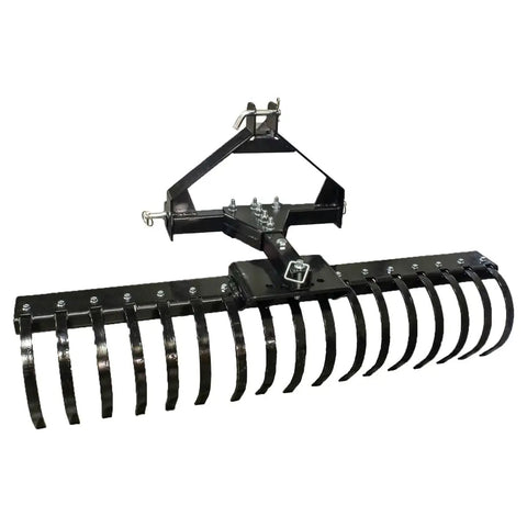Cat-0 Agricultural Field Landscape Rake With Spring Steel Tines attached to a bracket, ideal for clearing debris and leaves.