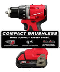 18V Cordless Compact Brushless Drill Driver Kit With Two Batteries Charger And Contractor Bag Heavy Duty Half Inch Chuck Tool For Tight Spaces Job Site Badass Power Control showing compact drill and battery.