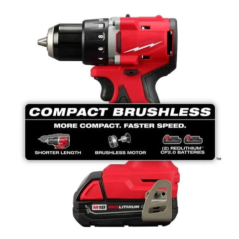 18V Cordless Compact Brushless Drill Driver Kit With Two Batteries Charger And Contractor Bag Heavy Duty Half Inch Chuck Tool For Tight Spaces Job Site Badass Power Control showing compact drill and battery.