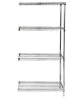 Heavy-Duty Stainless Steel Wire Shelving Add-On Kit Includes 4 Durable Shelves Measuring 63H X 72W X 30D in sleek chrome design.