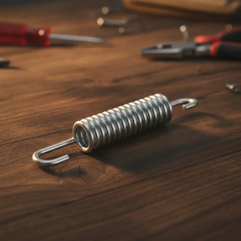 Solid Build 3-5/8 Stainless Steel Recliner Mechanism Tension Spring With Long Neck Hook on workbench with tools.