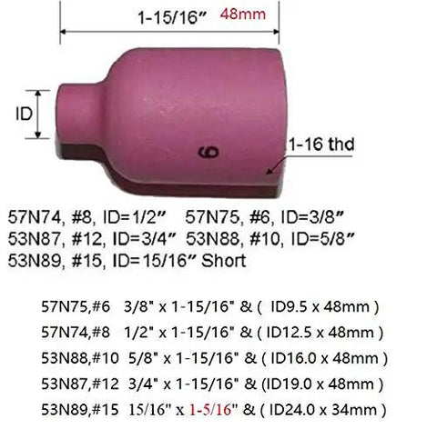High Performance Kick Ass TIG Gas Lens Collet Bodies Kit Jumbo Alumina 1-15/16 inch, ID specifications for standard torches.