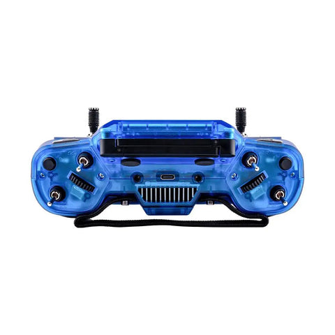 Front view of Rad ExpressLRS GX12 Crush Dual Band GeminiX Controller with blue casing, foldable antennas, and control toggles.