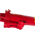 Red 8-ton hydraulic long-ram jack with clevis base; front view shows dual mounting holes.