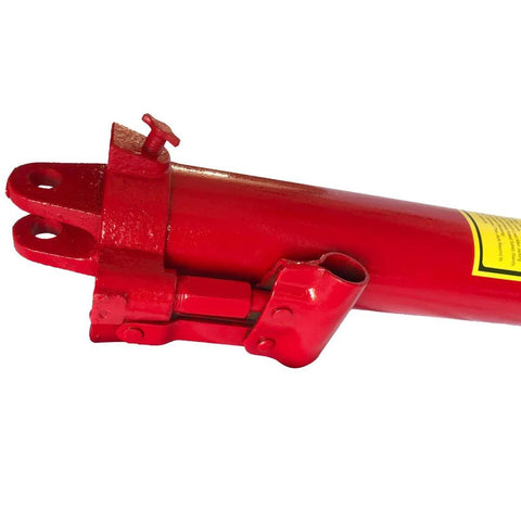 Red 8-ton hydraulic long-ram jack with clevis base; front view shows dual mounting holes.