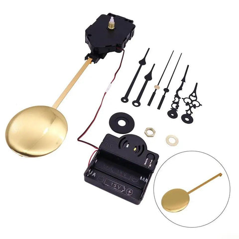 DIY Clock Repair Kit With Sweeping Pendulum Movement for Wall Clocks, two sizes and styles, golden pendulum and hands.