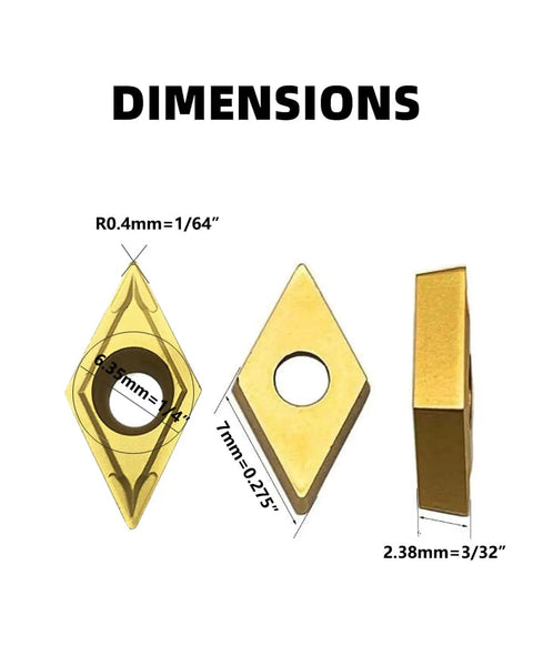 10 Piece DCMT21.51 DCMT070204 Diamond Carbide Lathe Inserts For Turning 3/32 Inch Thick 1/64 Inch Radius dimensions view