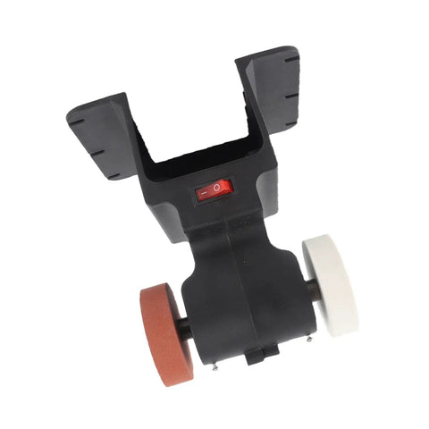 Rock Solid Mini Bench Grinder Featuring 18V Cordless Battery Power And A No Nonsense 250W Motor top view showing switch and sanding wheels.