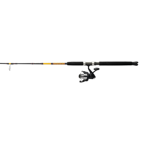 Bigwater Spinning Reel And Fishing Rod Combo For Saltwater Fishing, Built Tough With Clear Tip, Tuff Guides, Fuji Reel Seat, And Durable Rubber Gimbal, Ideal For Big Game Angling In Heavy Seas, lateral view showing full length.