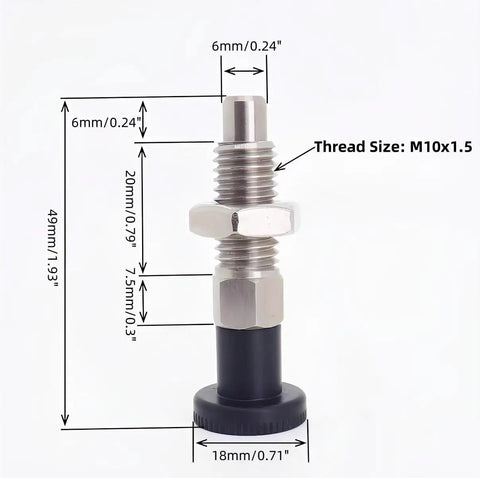 Two Pack Push Fit Ball Nose Spring Plunger M10x1.5 Stainless Steel Retractable Index Locating Pin with dimensions.