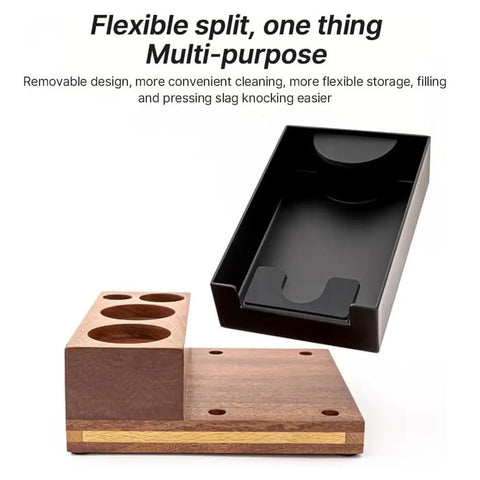 Level Up Your Daily Grind With This Hella Durable Wooden Espresso Tamping Station And Quick Dump Knock Box with removable tray.