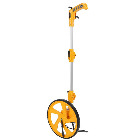 Jiawu Measuring Wheel Portable Accurate 0-9999.9m for Outdoor Projects standing upright, featuring a yellow wheel and telescopic handle.
