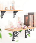 2 Pack Wall Mounted Shelf Brackets Built Ridiculously Tough And Dang Heavy Duty Vintage Cast Iron L Shape Corner Brace supporting wooden shelves.
