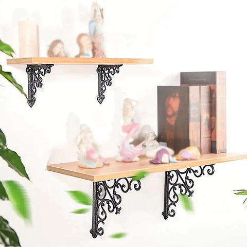 2 Pack Wall Mounted Shelf Brackets Built Ridiculously Tough And Dang Heavy Duty Vintage Cast Iron L Shape Corner Brace supporting wooden shelves.