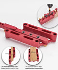 Heavy Duty Self Centering Dowel Jig Setup With Fast Grip Positioner Locator for zero guess woodworking alignment, red metal with thickness markers.