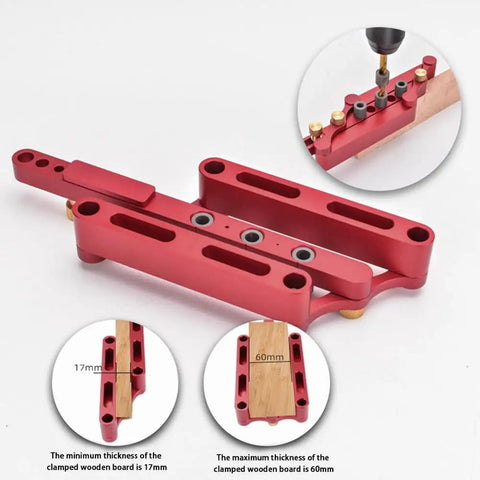 Heavy Duty Self Centering Dowel Jig Setup With Fast Grip Positioner Locator for zero guess woodworking alignment, red metal with thickness markers.