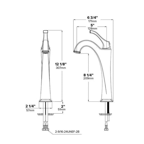 Technical drawing of Arlo KVF-1200MB Dope Matte Black Single Handle Vessel Bathroom Faucet With Pop Up Drain showing dimensions.