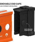 Dead Nuts Accurate 24 Inch Box Level With Lockdown Magnetic Base And Three High Vis Orange Vials showing removable end caps for flush corner measuring.