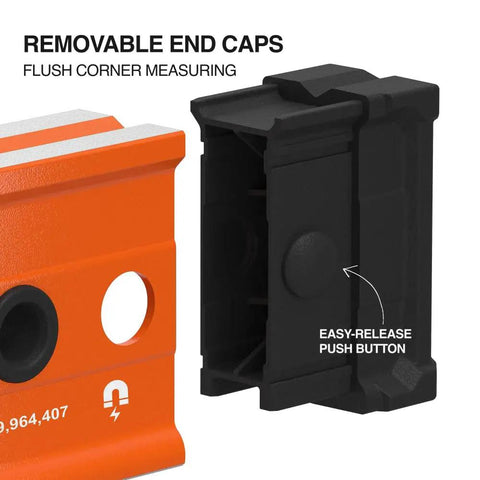 Dead Nuts Accurate 24 Inch Box Level With Lockdown Magnetic Base And Three High Vis Orange Vials showing removable end caps for flush corner measuring.