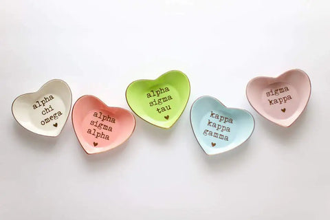 Heart Shaped Ceramic Jewelry Dish With Gold Detailing And High Gloss Finish Multi Function Tray For Home Or Office Perfect For Jewelry Keys Rings And Small Accessories Delta Zeta Inspired Style, various colors with Greek letters, top view