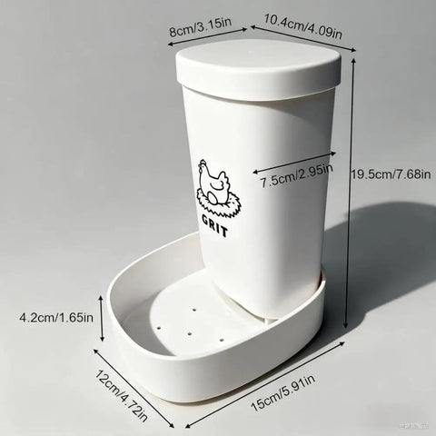 No Sweat Chicken Oyster Shell Feeder And Grit Dispenser For Backyard Flocks, white plastic, holds grit, dimensions shown, mounts easily.